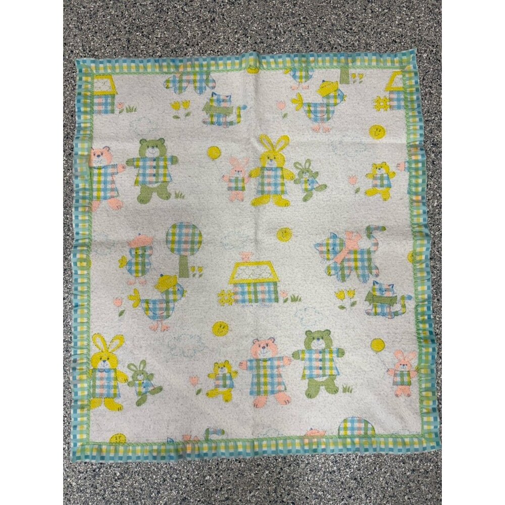 Vintage 1979 Kendall Baby Blanket Acrylic Satin Gingham Trim Bear Bunny Family